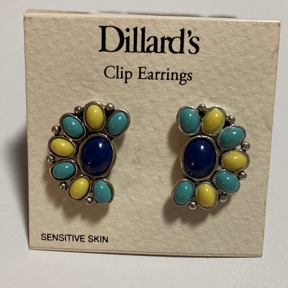 Dillard’s Clip earrings, silver, blue and yellow